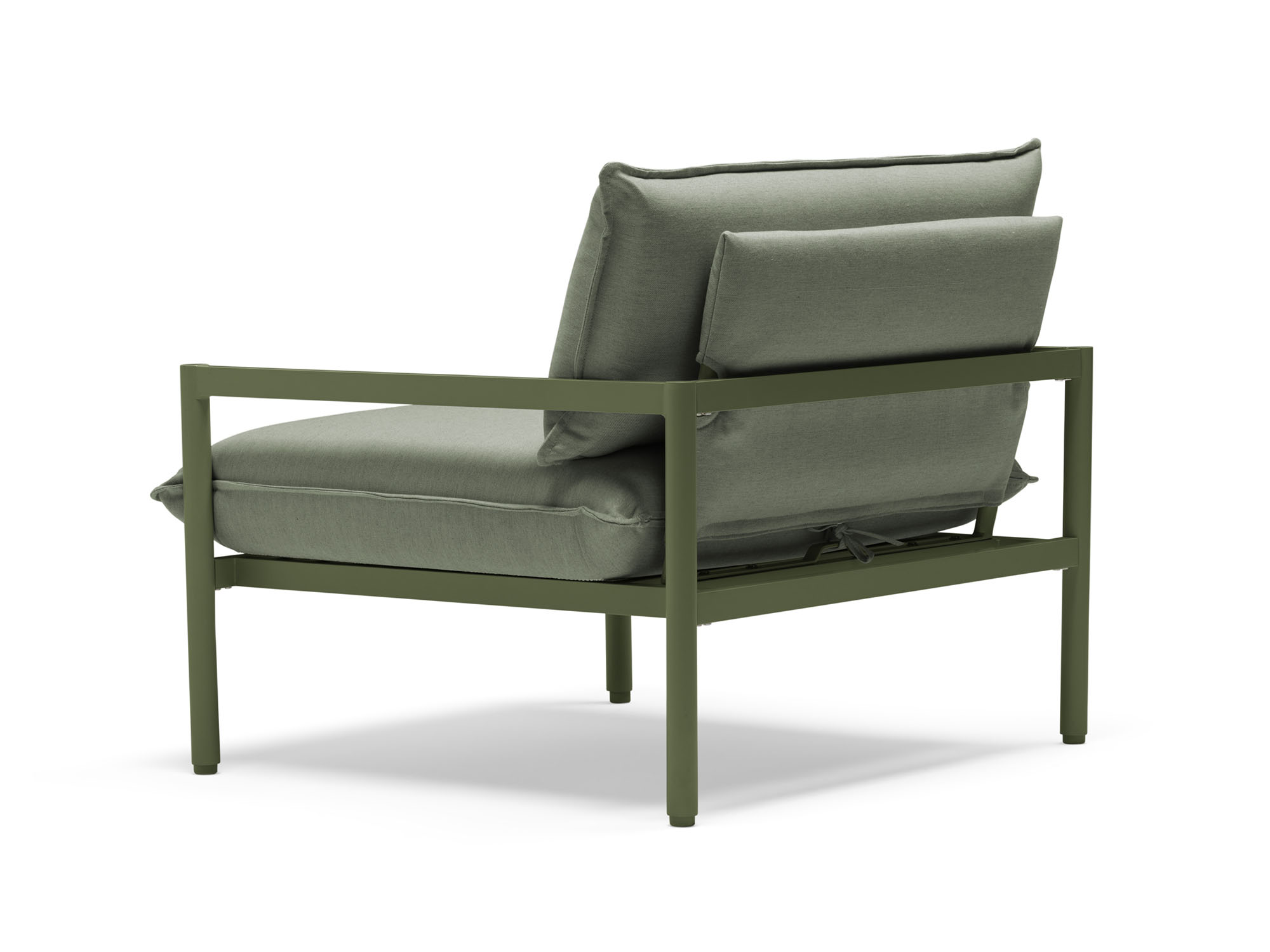 Back angle view of outdoor chair with green cushions and metal legs